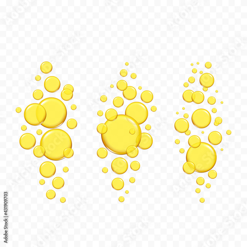 Golden, yellow oil drops, bubbles vector illustration on transparent background set