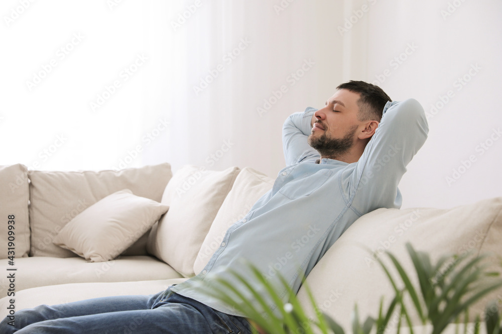 Man resting on comfortable sofa in living room Man resting on comfortable sofa in living room