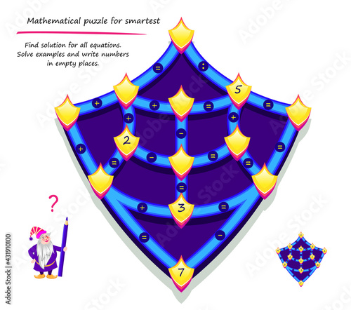 Mathematical logic puzzle game for smartest. Find solution for all equations. Solve examples and write numbers in empty places. Page for brain teaser book. Play online. Memory training for seniors.