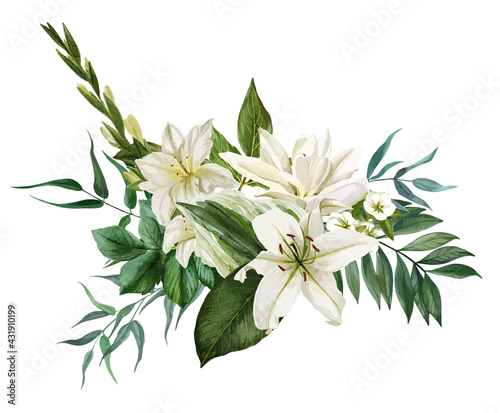Lush bouquet composed of white flowers and greenery