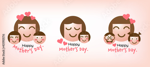 Mom and kids, Round abstract comic Faces with Mother's day concept, Set of emoticon smile icons, Cute Cartoon style.Trendy Vector illustration EPS10.
