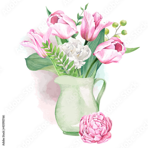 Pink and white tulips and ferns bouquet in jar