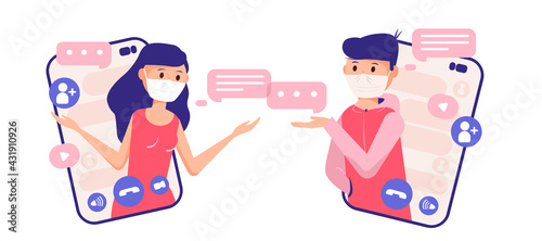 Social Distancing, two people keeping distance for infection risk and disease. Two people communicate online. Viral infection pandemic.