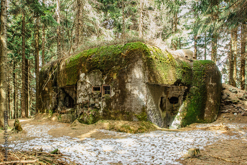 Foto Isolated infantry casemate built in woods and mountainous terrain in Eagle,Orlicke, Mountains, Czech Republic