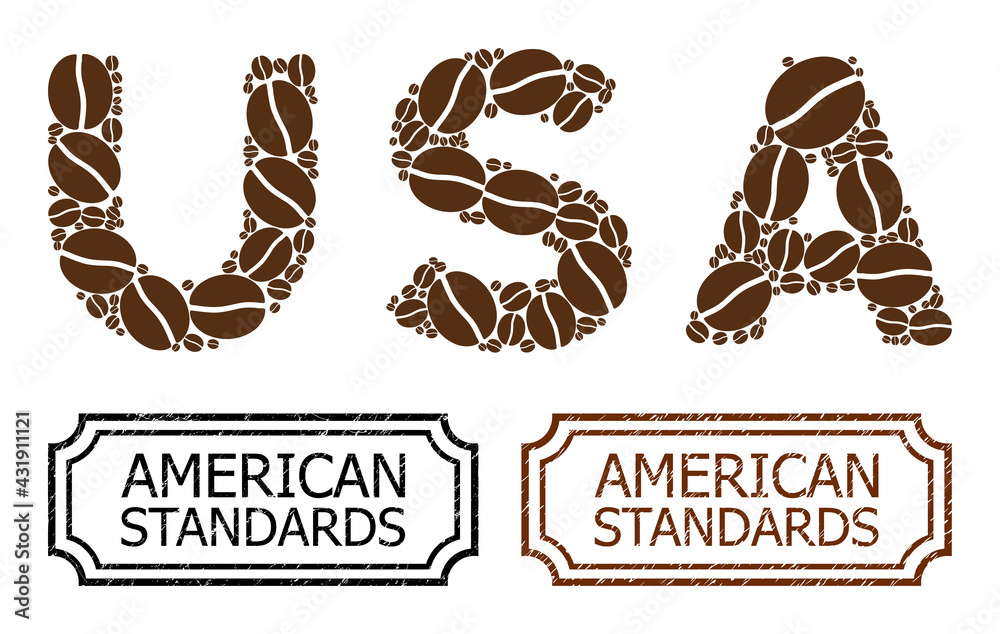 Collage USA text united from coffee seeds, and grunge American Standards rectangle seal stamps with notches. Vector coffee icons are grouped into abstract collage USA text icon with brown color. Collage USA text united from coffee seeds, and grunge American Standards rectangle seal stamps with notches. Vector coffee icons are grouped into abstract collage USA text icon with brown color.