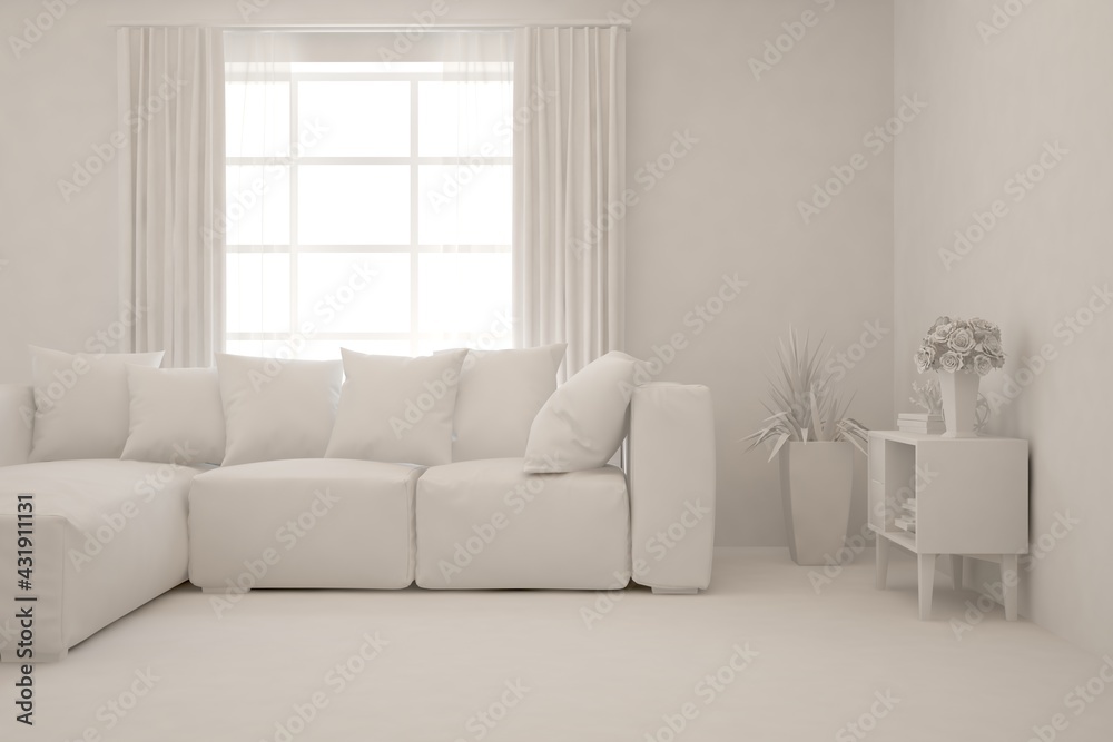 Fototapeta premium White minimalist living room with sofa. Scandinavian interior design. 3D illustration