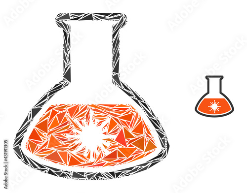 Triangle mosaic virus analysis retort icon. Virus analysis retort vector mosaic icon of triangle elements which have variable sizes, and positions, and color tints.