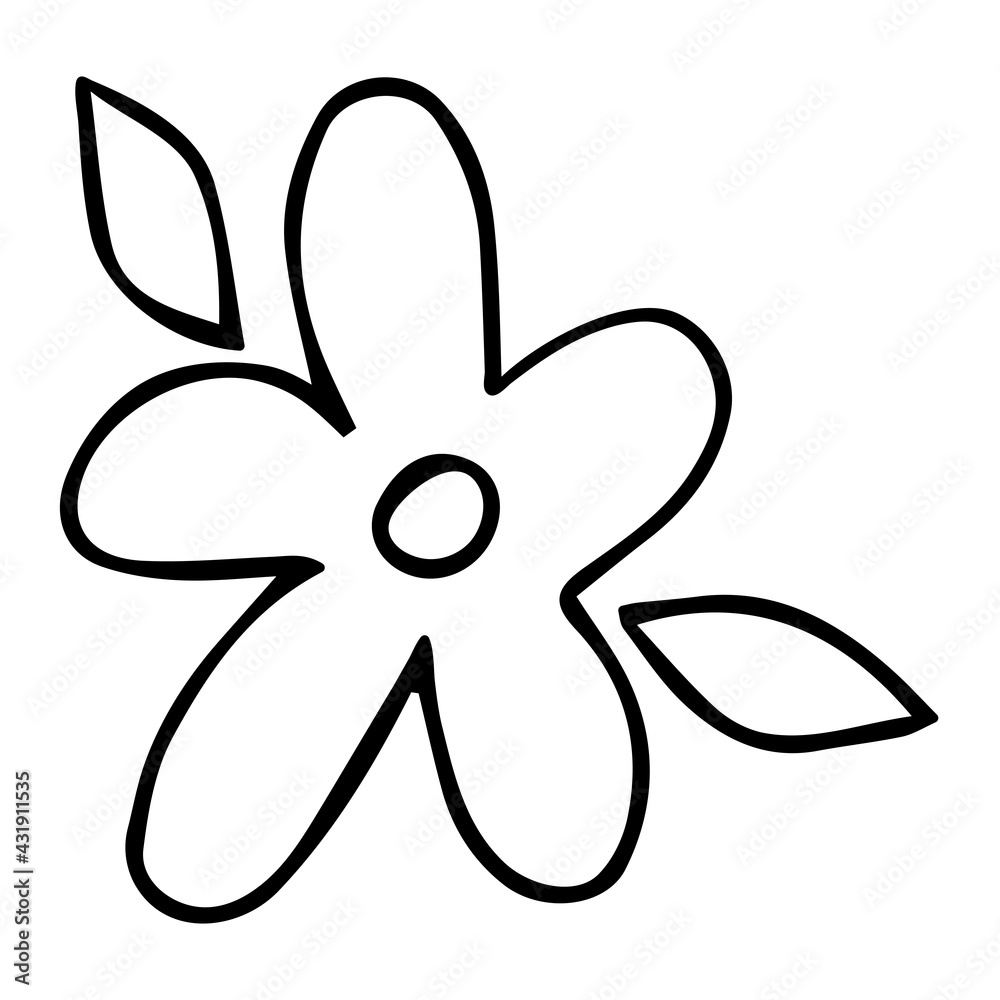 Cute flower doodle in hand drawn simple style. Floral vector illustration of childish drawing plant with leaves element for design isolated on white background. Black ink line art. Cute flower doodle in hand drawn simple style. Floral vector illustration of childish drawing plant with leaves element for design isolated on white background. Black ink line art.