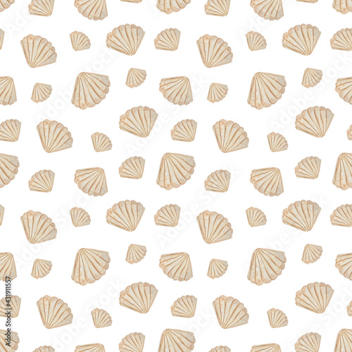 Watercolor hand-drawn seamless pattern with beige seashells on a white background. 