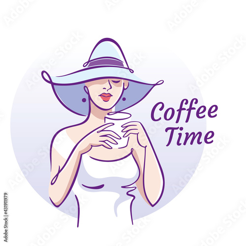 Beautiful woman with Cup of Coffee or Tea. Coffee time Concept. Vector Illustration.