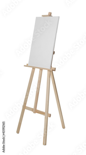 Wooden easel with blank sheet of paper isolated on white