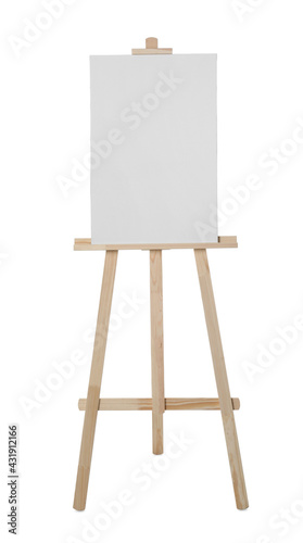 Wooden easel with blank sheet of paper isolated on white