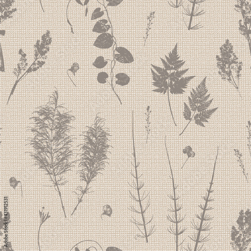 Natural Wildflowers and Herbs Prints. Grass Leaf Silhouettes. Floral Background with Imitation Linen Burlap Texture. Stamp Leaves Vector Seamless Pattern. Meadow Plants Vintage Brown Beige Wallpaper