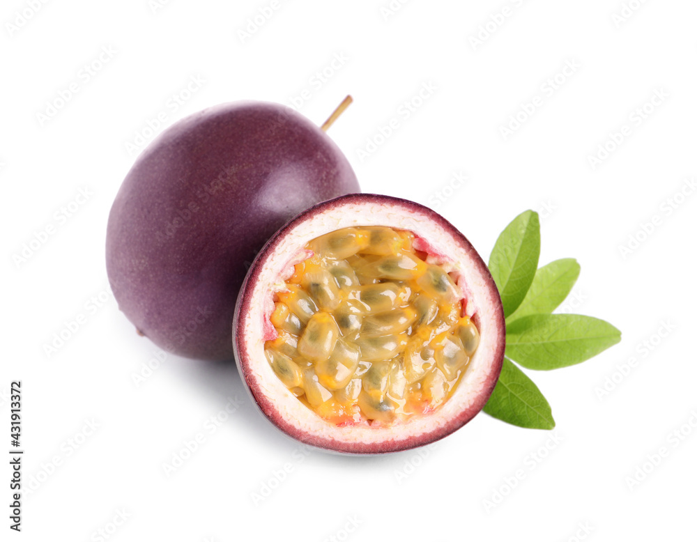 Cut and whole passion fruits with leaf isolated on white Cut and whole passion fruits with leaf isolated on white