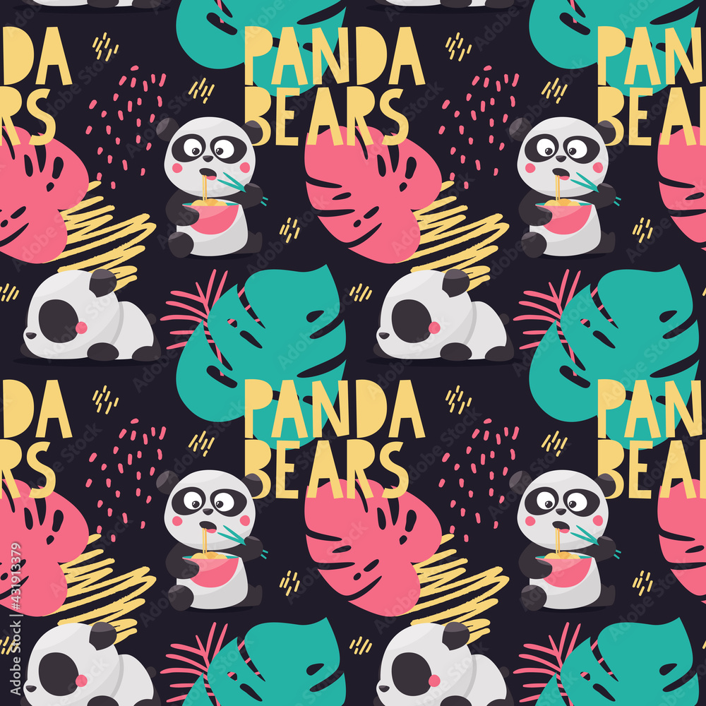 Seamless cute cartoon vector pattern with Panda Bears are sleeping and eating noodles , leaves and plants