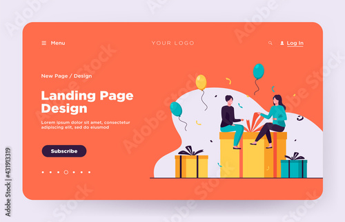 Tiny people sitting on gift box. Balloon, fun, birthday party flat vector illustration. Celebration and holiday concept for banner, website design or landing web page