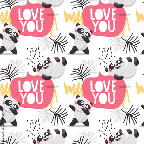 Seamless cute cartoon vector pattern with Panda Bears, leaves, plants and Love you