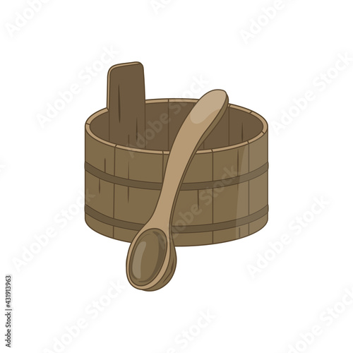 Wooden Sauna Bucket with Spoon on White Background.
