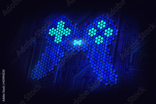 gamepad, video controller, computer games concept, pixel art on neon black background