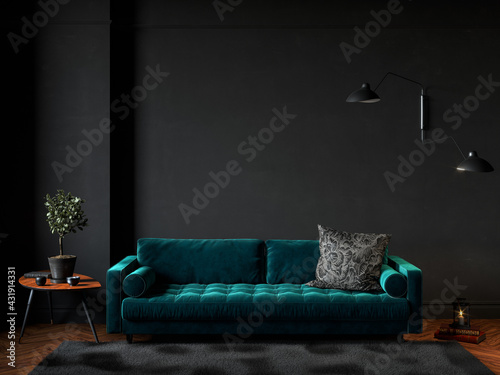 Black room interior with green velour sofa, wood floor, carpet and decor. 3d render illustration mock up. © YKvisual