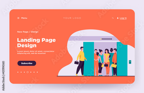 Man coming into overcrowded elevator cabin. Building hall, open doors flat vector illustration. Crowd, people in public place, social distance concept for banner, website design or landing web page