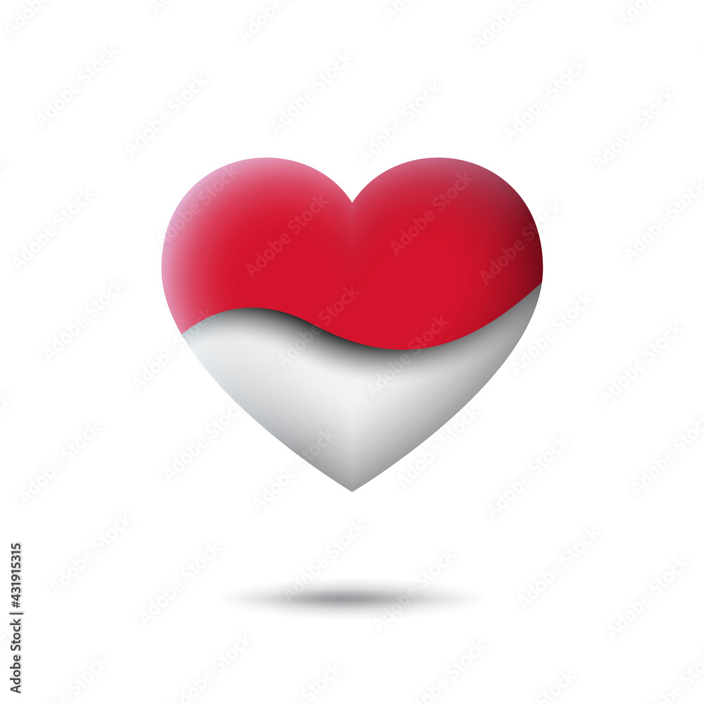 Indonesia flag icon in the shape of heart. Waving in the wind. Abstract waving flag indonesia. Paper cut style. Vector indonesian symbol, icon, button