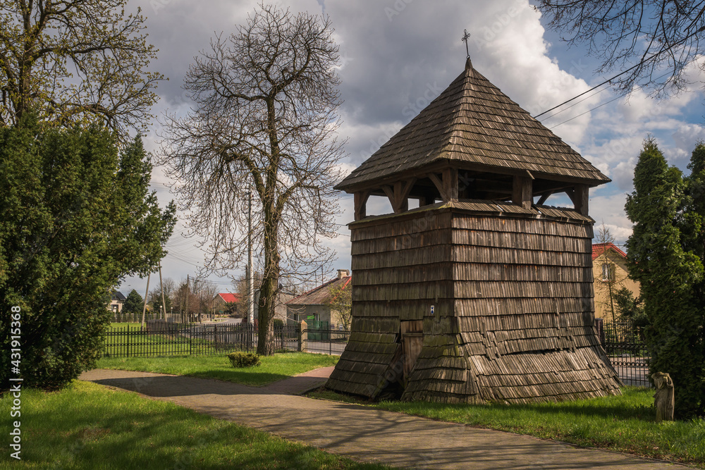 Wooden belfry in Sobikow near Gora Kalwaria, Masovia, Poland