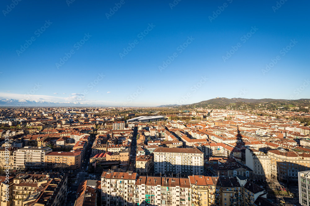 Aerial view of the city of Turin (Torino) from the Mole Antonelliana with the Italian Alps on the horizon,  Piedmont (Piemonte), Italy, Europe.