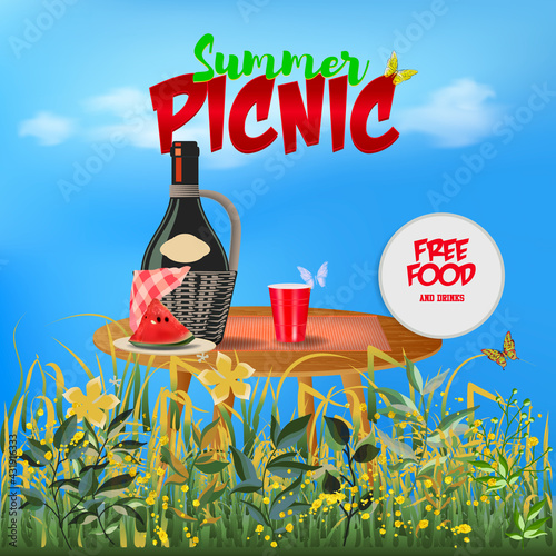 Summer Picnic Flyer Template with a bottle of sangria red wine, watermelon, green grass, red cup. The concept of family outdoor recreation. Vector illustration isolated on sky blue background.