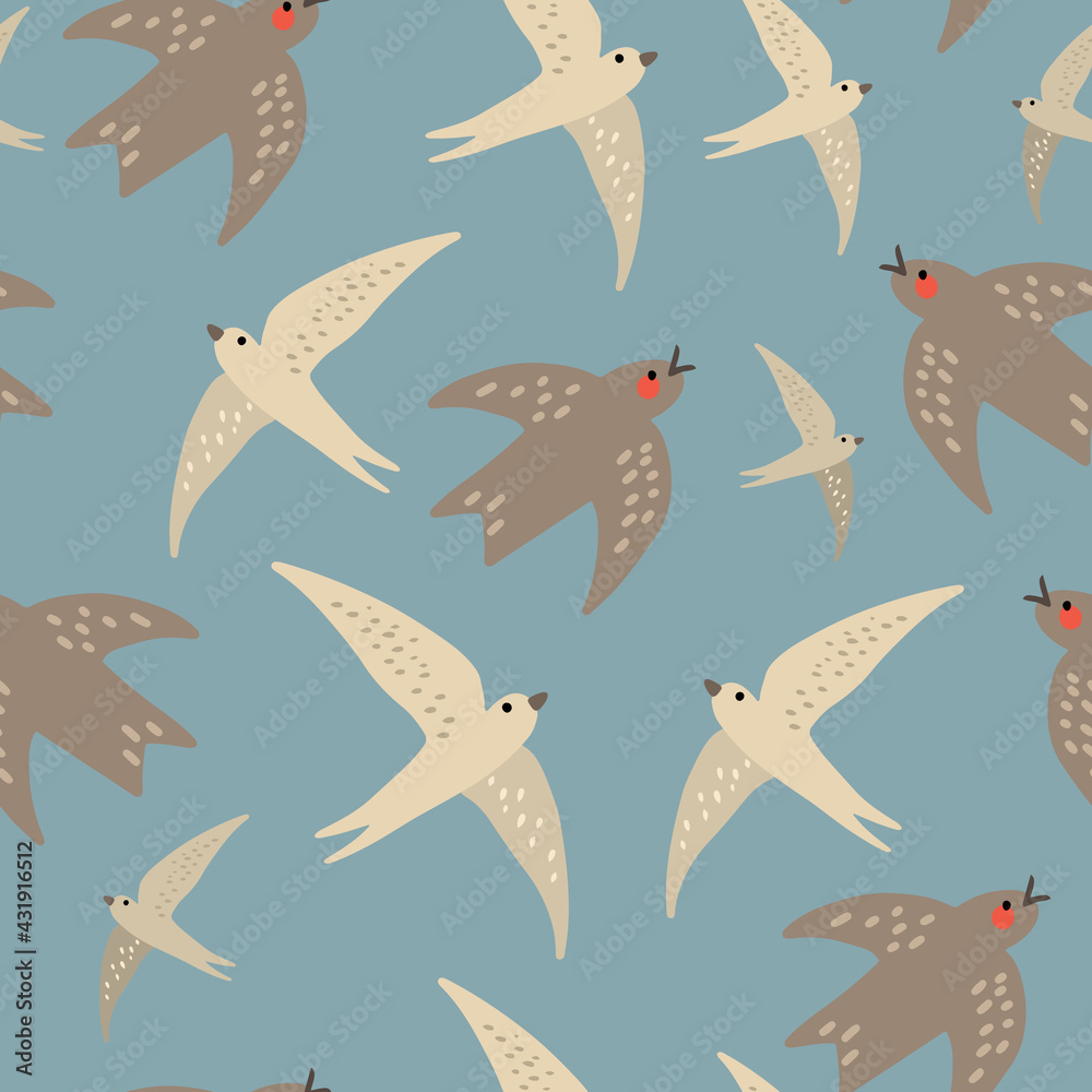 Seamless pattern with cute swallow birds flying around on sky blue background Seamless pattern with cute swallow birds flying around on sky blue background