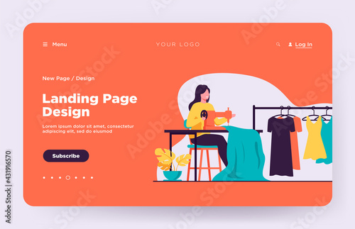 Woman sewing new dress on stitching machine. Seamstress, cloth, apparel flat vector illustration. Fashion and craftwork concept for banner, website design or landing web page