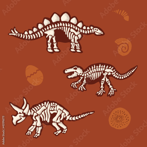 Dinosaur Skeletons and Other Fossils Vector isolated Decorative Elements Set