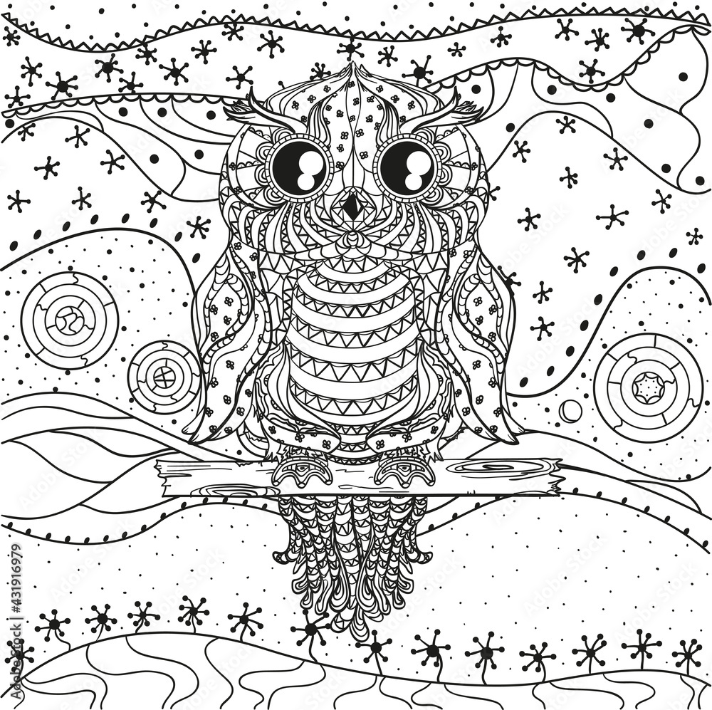 Fototapeta premium Mandala with owl. Design Zentangle. Hand drawn abstract patterns on isolation background. Design for spiritual relaxation for adults. Black and white illustration for coloring. Zen art. Decorative