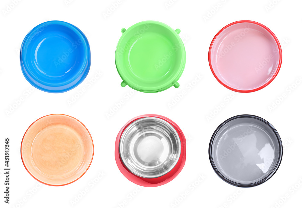 Set with different feeding bowls for pets on white background, top view
