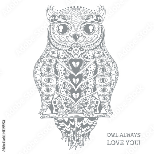 Owl. Design Zentangle. Detailed hand drawn vintage owl with abstract patterns on isolation background. Design for spiritual relaxation for adults. Outline for tattoo, printing on t-shirts, posters