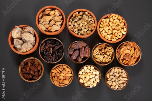 Dried fruits and mixed nuts. Healthy foods.
