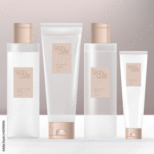 Vector Beauty or Skincare Transparent Cream, Shampoo, Gel or Cream Bottle and Tube Bundle with Beige Caps. 