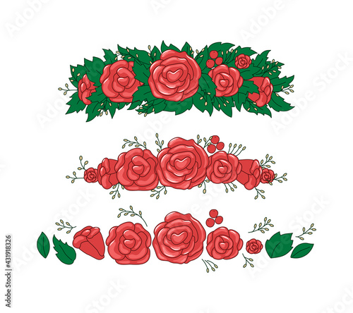 Roses, leaves wreath. Beautiful floral tiara elements. Vector set. Objects are isolated.