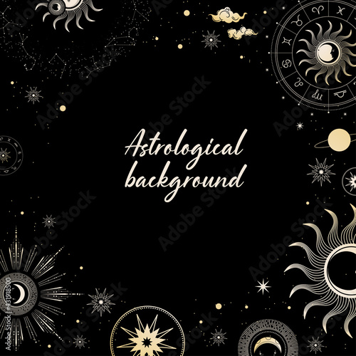 Black background with zodiac symbols. Astrological horoscope. Social media template.