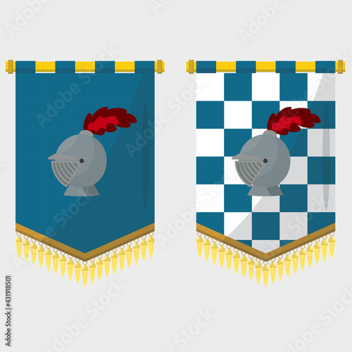 Vector illustration of a color flag hanging from a golden pole on a white background.  Sign of nobility. Banner with empty space. Banner in the medieval style