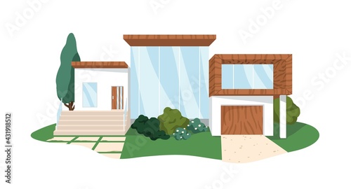 Modern block house architecture from wood and glass. Villa building exterior. Front view of private home with door and windows. Colored flat graphic vector illustration isolated on white background