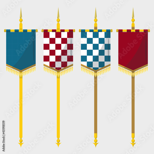 Vector illustration of a color flag hanging from a golden pole on a white background.  Sign of nobility. Banner with empty space. Banner in the medieval style