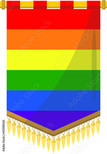 Vector illustration of a lgbt flag hanging from a golden pole on a white background.  Sign of nobility. Banner with empty space. Banner in the medieval style