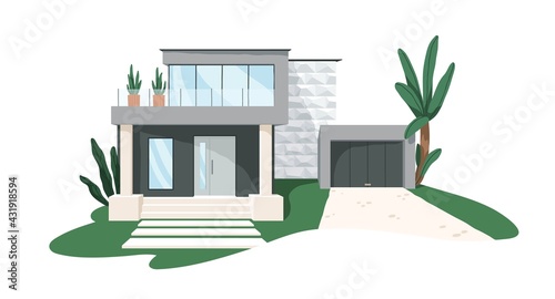 Modern minimalistic architecture of block house with garage. Building exterior of contemporary villa. Private real estate. Colored flat graphic vector illustration isolated on white background