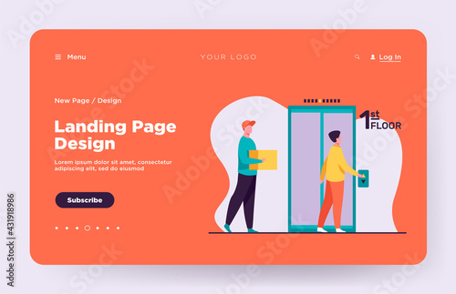 People standing on first floor and calling elevator. Hall, courier, dweller flat vector illustration. Building interior and facilities concept for banner, website design or landing web page
