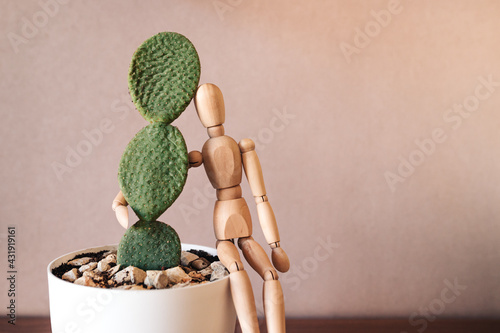 Cactus con muñeco de madera. Maniquí y cactus. Muñeco articulado. Plantas. Gente. photo