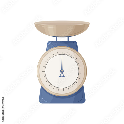 Store-bought food scales are most often used for weighing fruits and other various products. Blue and beige colors. Vector illustration isolated on white background.