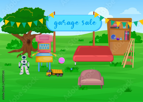 Colorful open air garage sale of furniture. Cartoon vector illustration. Wooden bookcases, toys, gaming machine and comfortable sofas on sale. Furniture, nature, interior design, home, sale concept