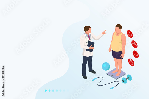 Isometric Healthy food and Diet planning concept. Doctor s consultation for an overweight patient. Health risk, obesity. Doctor s recommendations. Sport.