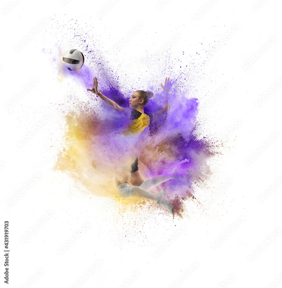 Fototapeta Young girl volleyball player in explosion of colored neon powder isolated on white background. #431919703